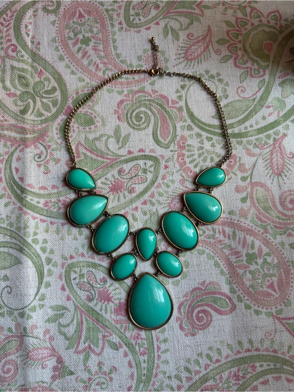 Teal Cabochon Statement Bib Necklace with Gold-Tone Setting